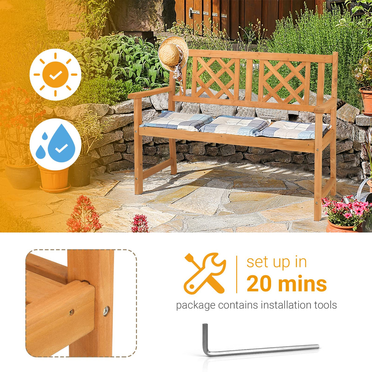 Outvita Wooden Garden Bench, Outdoor Wood Patio Bench, Rustic Two Person Loveseat Chair w/Armrest for Porch Poolside Park Backyard Balcony, Capacity 605Lbs, Grid Backrest Outvita