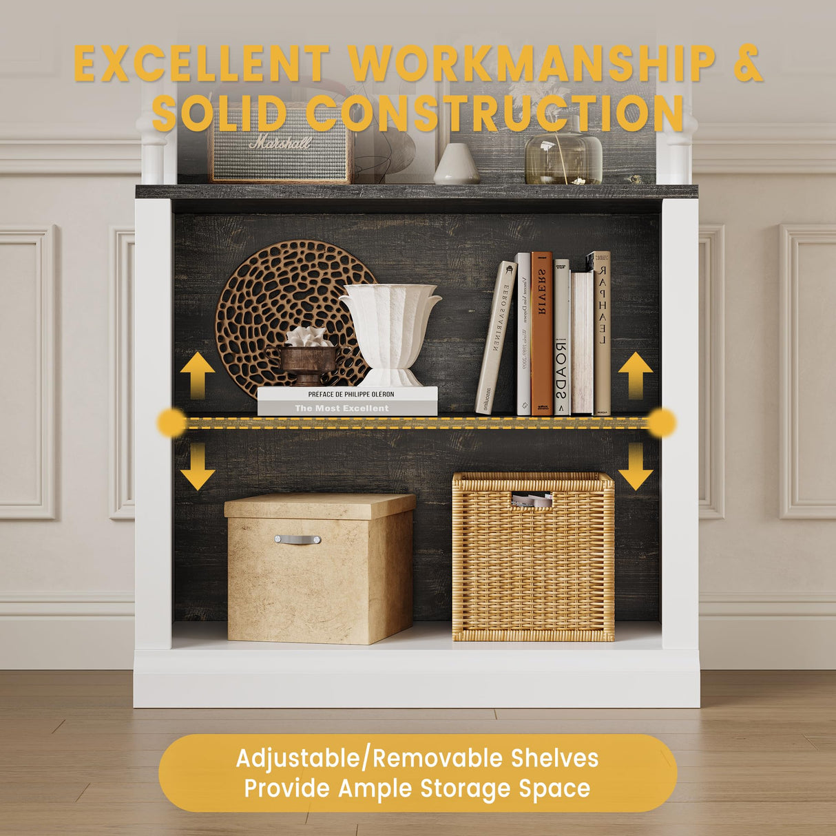 GAOMON 5-Tier Open Bookcase, Tall Roman Column Bookshelf with LED Lights, White & Black Wood Grain Adjustable Book Shelves, Freestanding Display Storage Organizer for Home Office, Living Room GAOMON