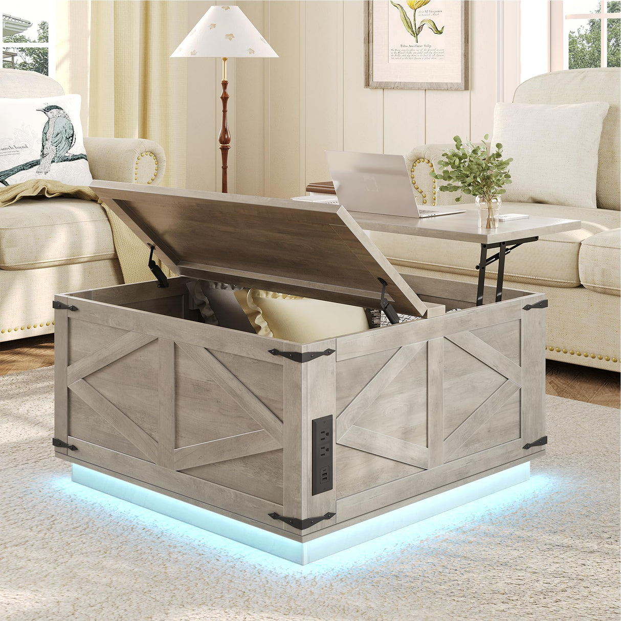Farmhouse Coffee Table with Storage, Lift Top Coffee Table Square Wood Center Table with LED Light, Charging Station and Hidden Compartment Coffee Tables Rustic Furniture for Living Room (Gray) Jocoevol