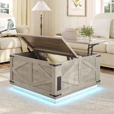 Farmhouse Coffee Table with Storage, Lift Top Coffee Table Square Wood Center Table with LED Light, Charging Station and Hidden Compartment Coffee Tables Rustic Furniture for Living Room (Gray)