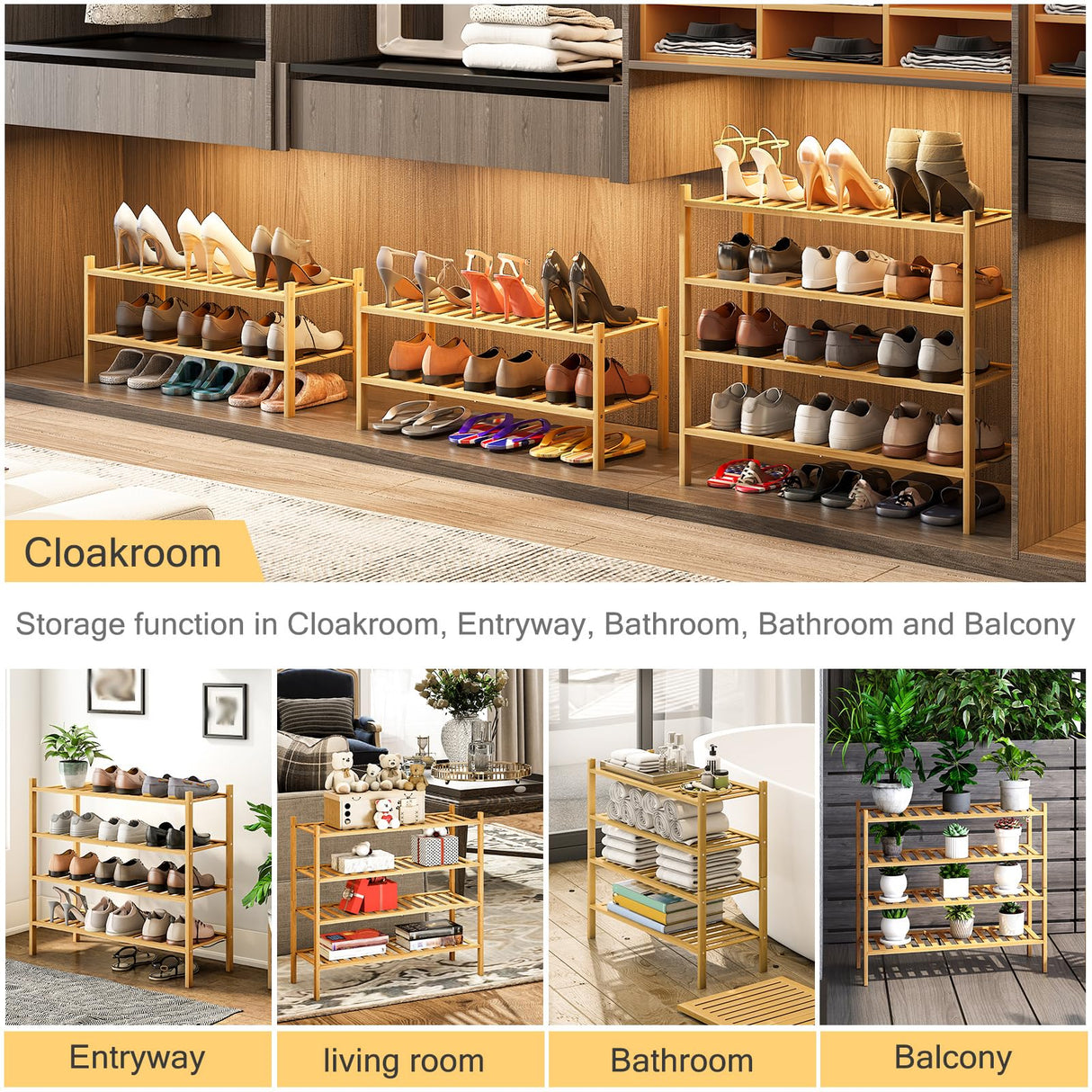 4-Tier Bamboo Shoe Rack for Entryway, Stackable | Heavy Duty | Multi-Function, Free Standing Shoe Racks for Bedroom Hallway Closet Furshus