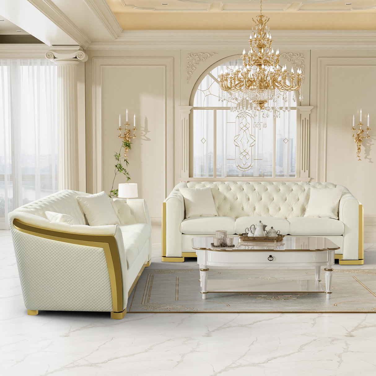 Nolohoo Luxury Velvet Chesterfield Sofa for Living Room, Comfy Mid Century Modern Victorian Couch Curved 3 Seater Deep Seat Couches Tufted Sofas with Gold Legs for Apartment, Cream White Nolohoo