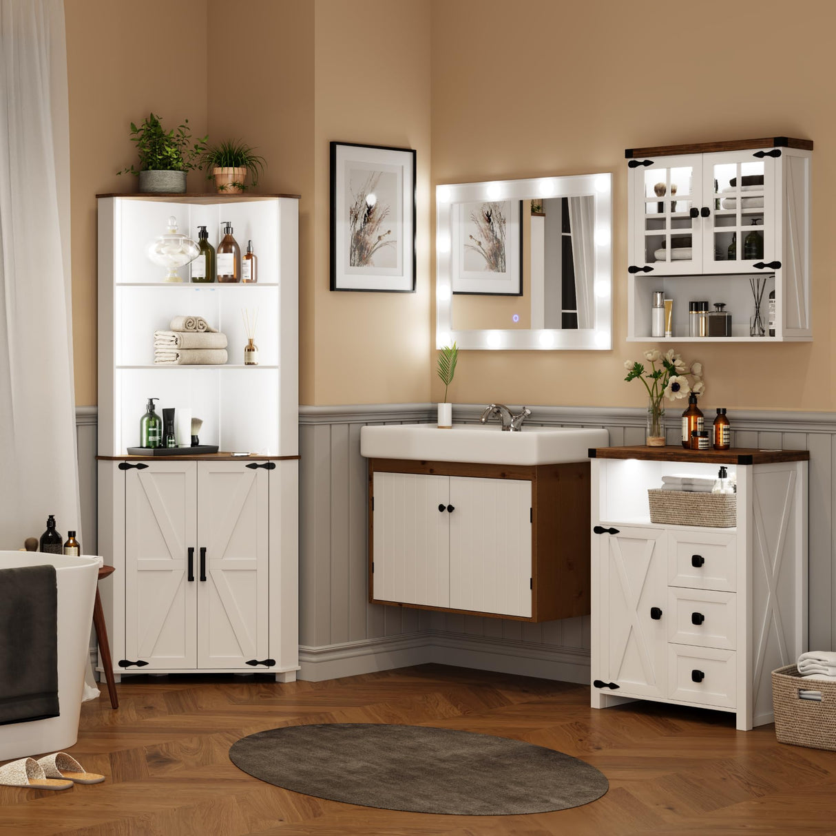 FREDEES Antique White Tall Corner Cabinet with LED Light - Rustic Farmhouse Storage Solution FREDEES