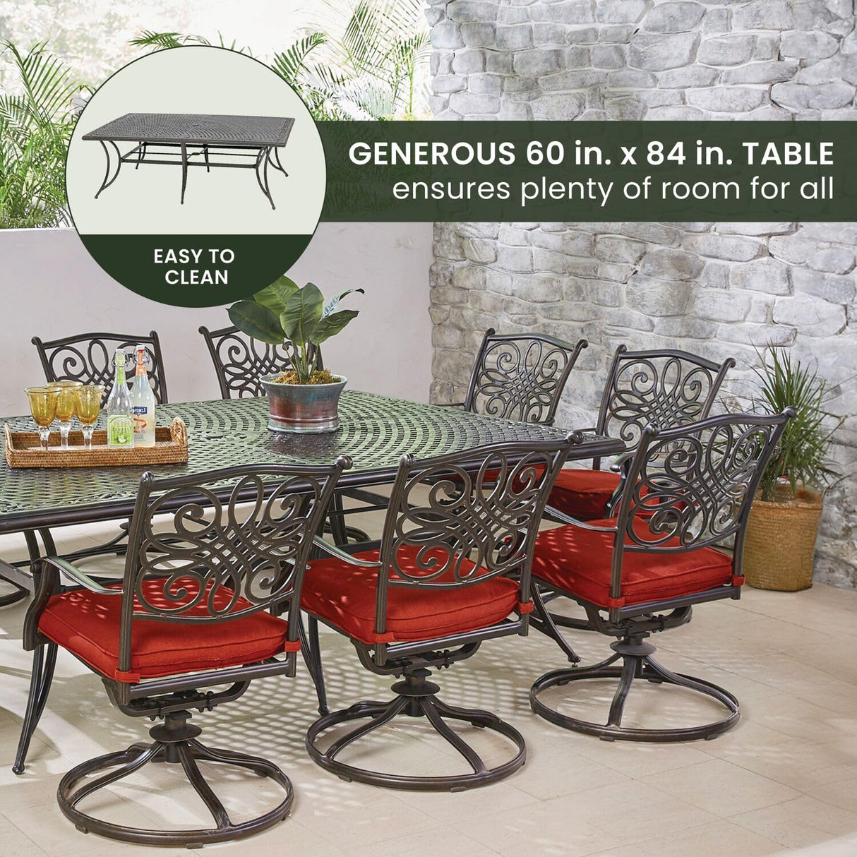 Hanover Traditions 11-Piece Modern Outdoor Dining Set with Rust Resistant Cast Aluminum Rectangular Large Dining Table and 10 Swivel Rocker Chairs with Plush Weather Resistant Red Cushions Hanover