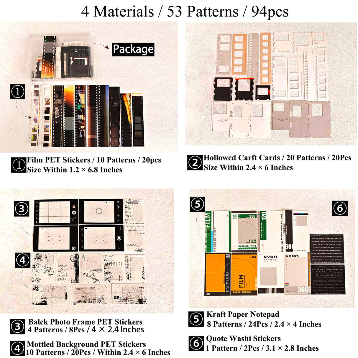 Vilikya 94pcs Movie Film Stickers for Scrapbook Kit, Film Strip Photo Frame for Scrapbooking Supplies, Quote Stickers for Journaling Decorative Bullet Journal Planner DIY Craft Vilikya