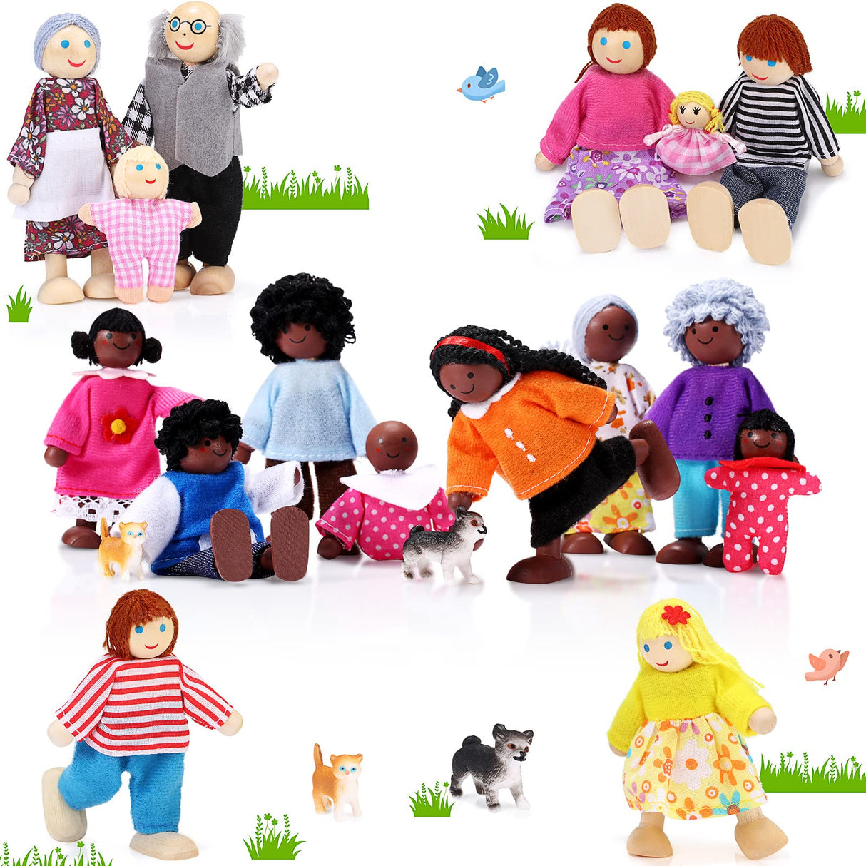 20 Pcs Wooden Dollhouse Family Set of 16 Mini People Figures and 4 Pets, Dollhouse Dolls Wooden Doll Family Cosplay Figures Accessories for Pretend Dollhouse Toy (Cute Style) Skylety