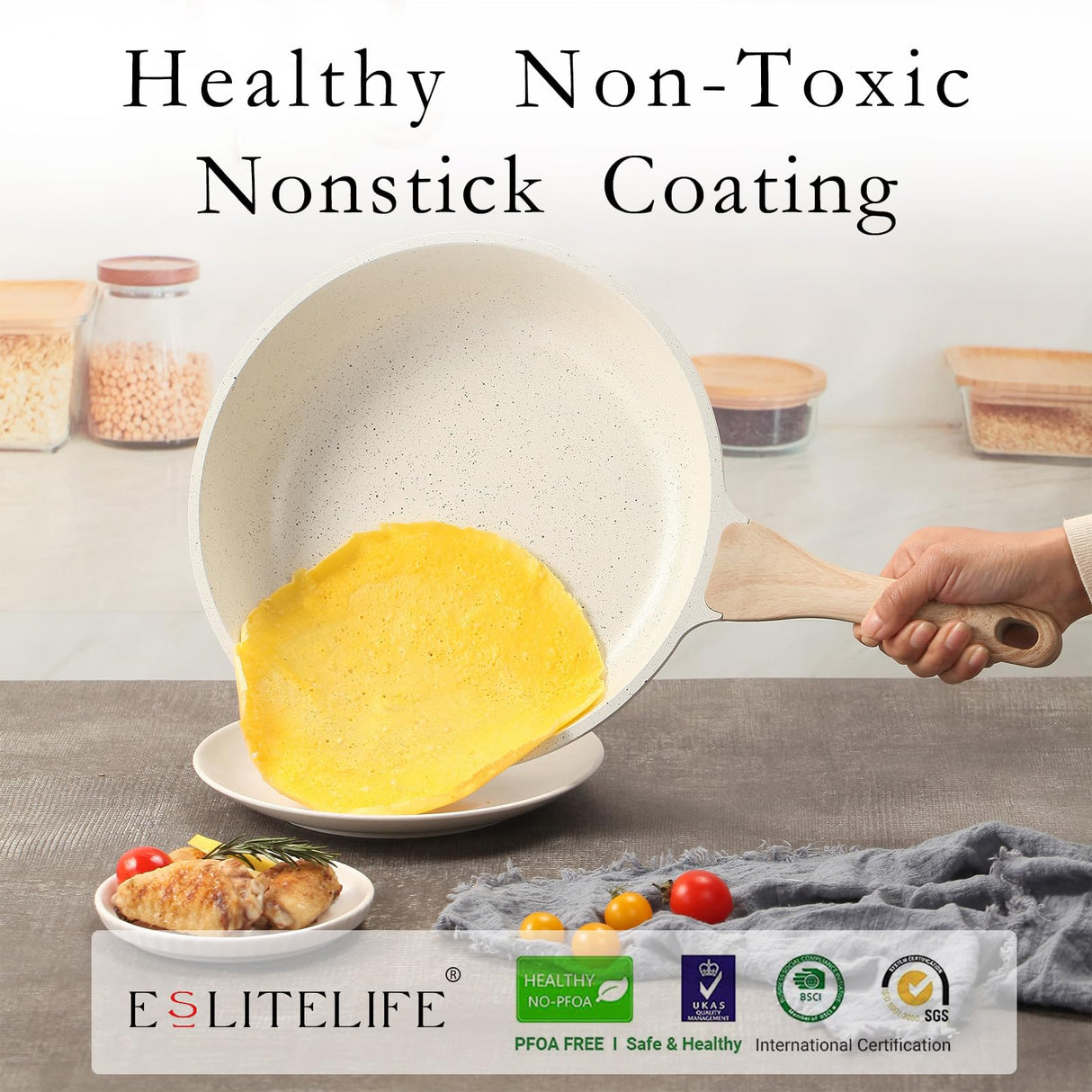 ESLITE LIFE Nonstick Ceramic Frying Pans Skillets Set, Non-Toxic Egg Omelette Kitchen Cooking Pans Compatible with All Stovetops (Gas, Electric & Induction), PTFE & PFOA Free (White) ESLITE LIFE