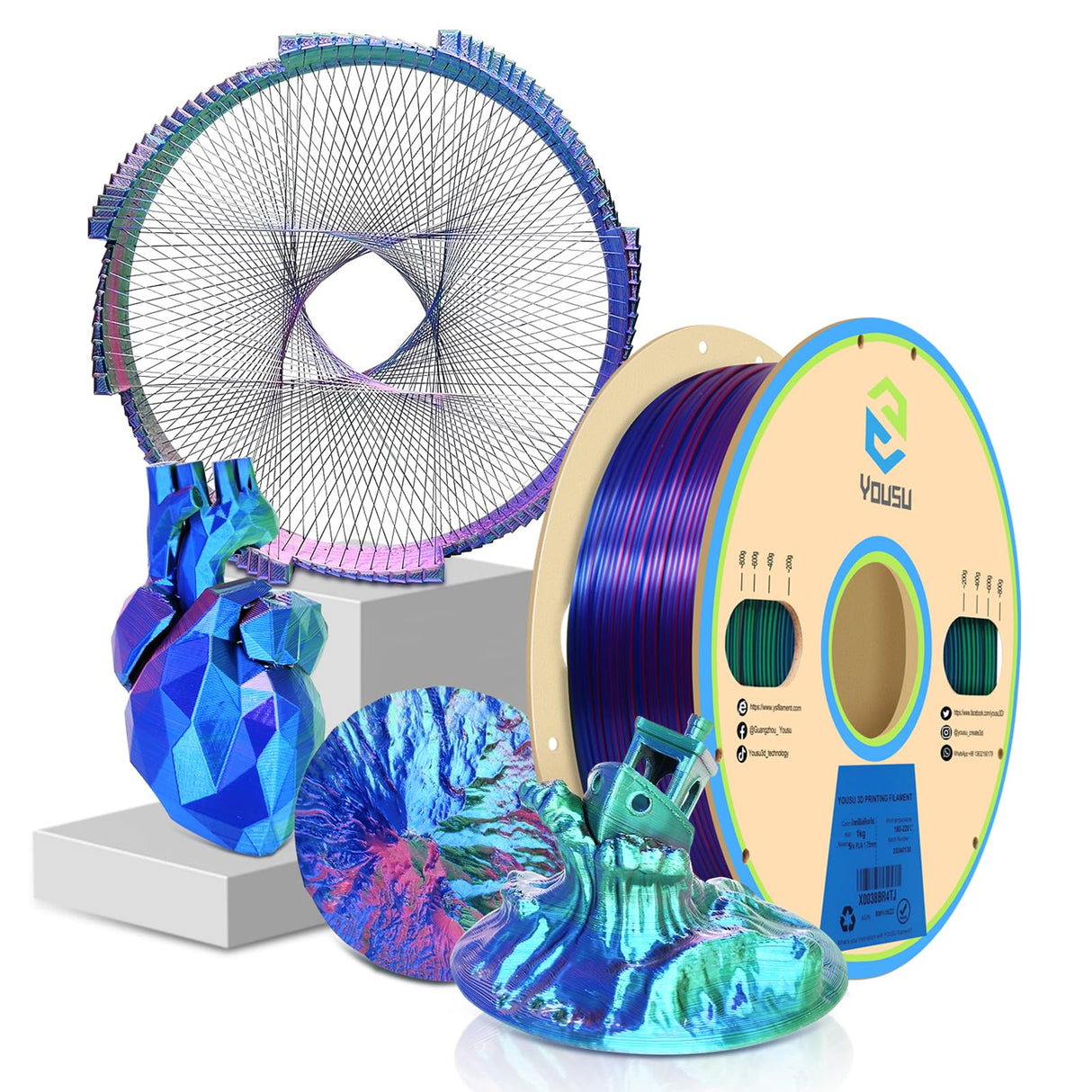 YOUSU 3D Printer Filament Triple Color Silk PLA Filament 1.75mm,3D Printing Filament Coextrusion Rainbow Filament with Silk PLA,1kg/2.2lbs,Silk Rose red/Blue/Green. Yousu