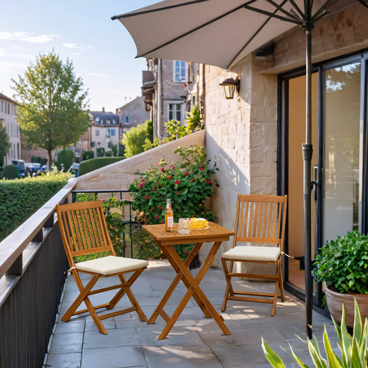 JUMMICO 3 Piece Folding Patio Chairs Outdoor Acacia Wood Bistro Set with Cushion Square Table and Chairs Porch Furniture for Balcony, Lawn, Deck JUMMICO