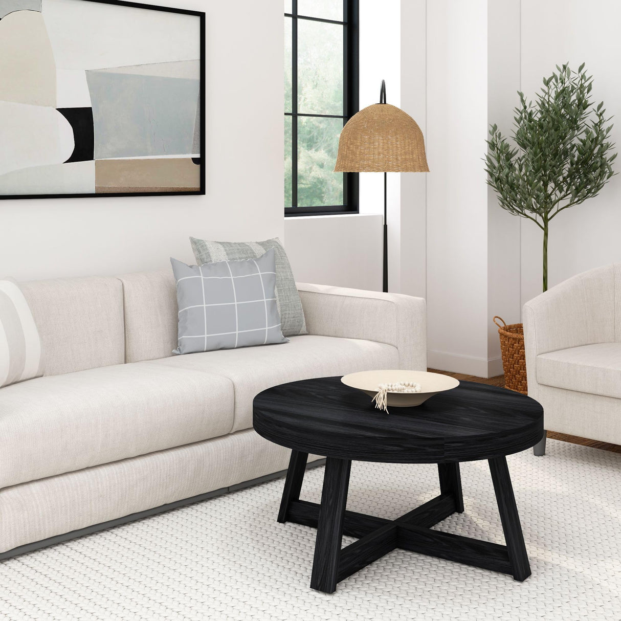 Plank+Beam Classic Round Coffee Table, 36 Inch Farmhouse Coffee Table, Rustic Mini Center Tables for Small Spaces, Small Living Space Tea Table, Black Wirebrush Plank+Beam