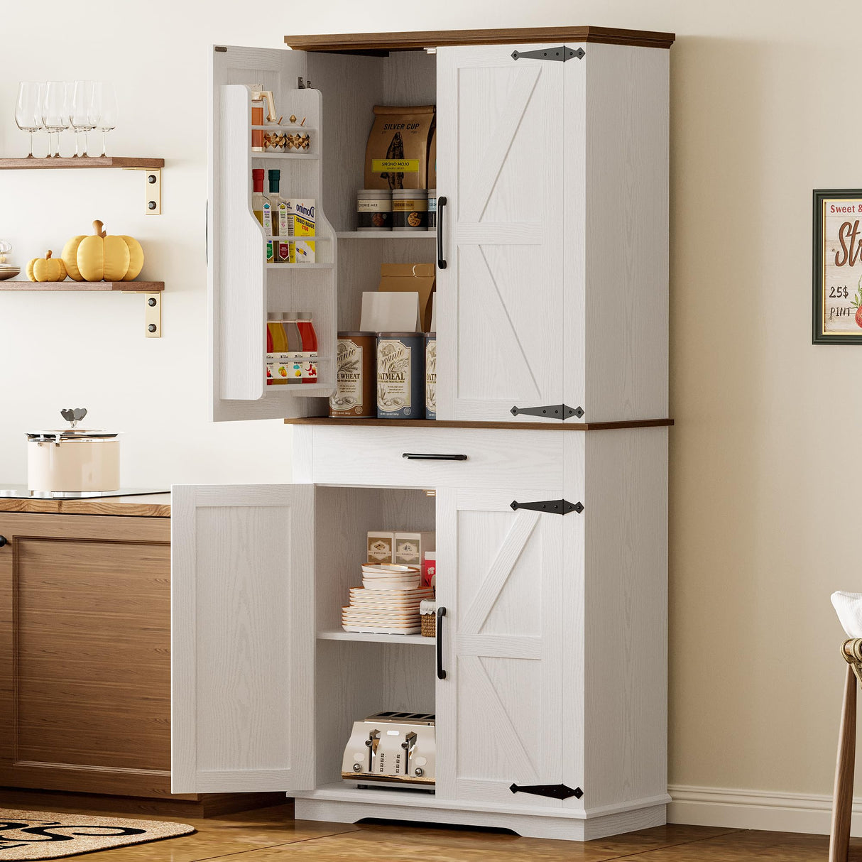 IRONCK Farmhouse Kitchen Pantry Cabinet, Tall Storage Cabinet with 6 Hanging Shelves and Adjustable Shelves, Freestanding Cupboard with Barn Doors for Kitchen, Dining Room, White/Walnut IRONCK