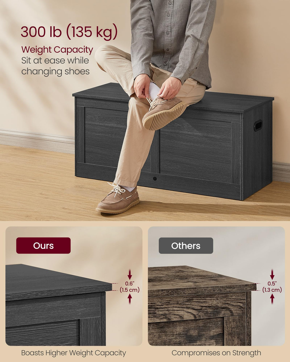 VASAGLE Storage Chest, Storage Trunk with 2 Safety Hinges, Storage Bench, Shoe Bench, Farmhouse Style, 15.7 x 39.4 x 18.3 Inches, for Entryway, Bedroom, Living Room, Charcoal Gray ULSB164B01 VASAGLE