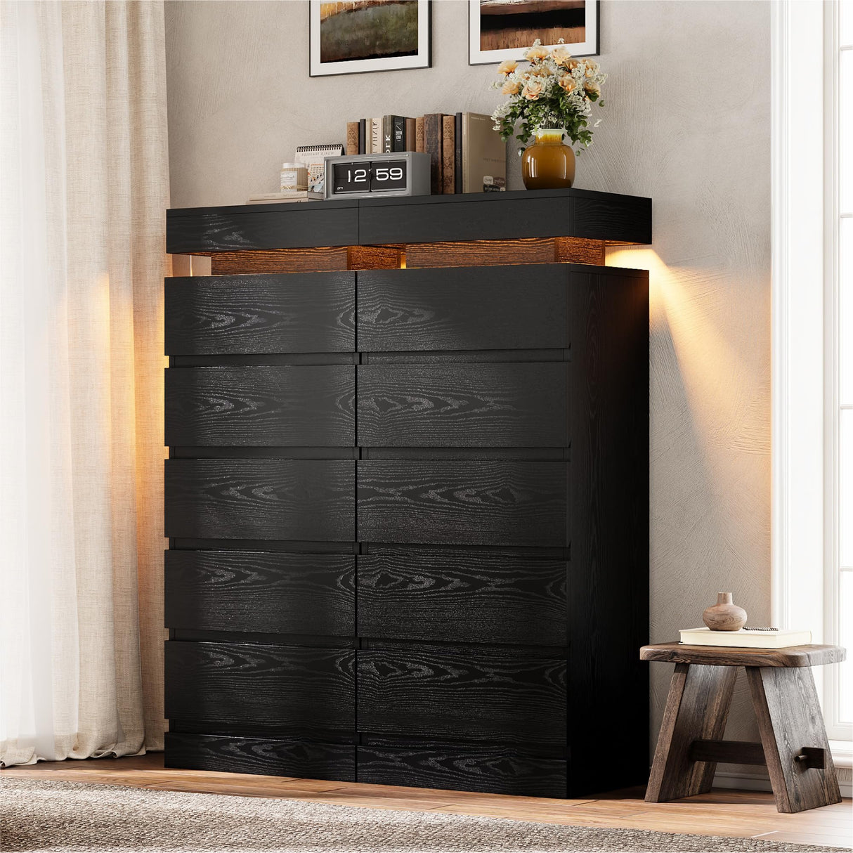 LIKIMIO 54" Tall 5 Drawer Dresser for Bedroom, Black Dresser with LED Light and Power Outlet, Wood Modern Chest of Drawers for Living Room, Entryway, Hallway LIKIMIO
