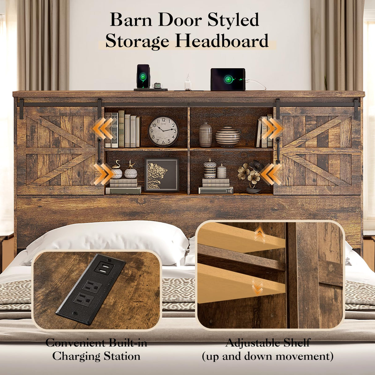 YUMPIE Farmhouse King Size Bed with 51.2" Bookcase Headboard, Wooden Platform Beds with Sliding Barn Door, Built-in Charging Station and 2 Storage Drawers, No Box Spring Needed, Rustic Brown YUMPIE
