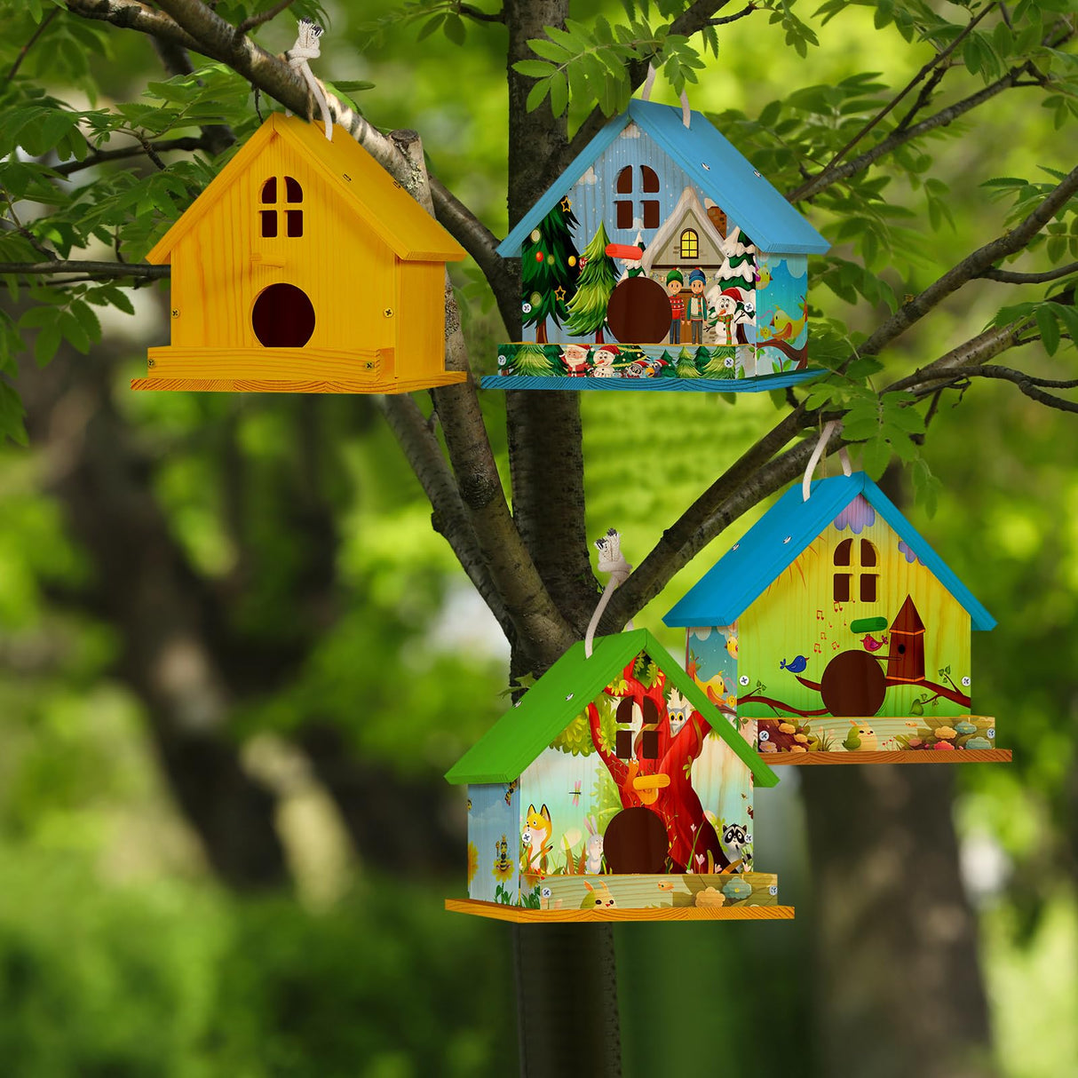 Juexica 2 Pack Bird House Kit Wooden DIY Birdhouse to Paint Build a Bird Bungalow Birdhouse Crafts to Build Family Home Arts and Craft Projects Christmas Birthday Party Gift (Rotundity) Juexica
