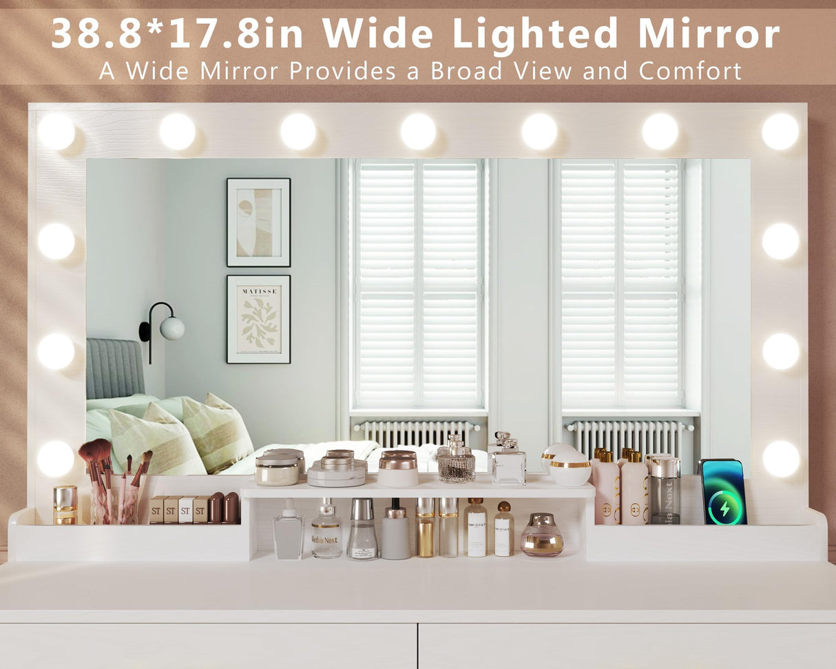 HUAHUU Makeup Vanity Desk with Lights, Vanity Desk with Large Mirror, White Vanity with Outlets Large Drawers & Storage, 3 Lighting Color Adjustable, Bedroom Dressing Table HUAHUU