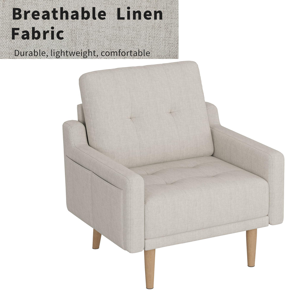 EJUNQ Mid Century Modern Accent Chair ,Upholstered Armchair,Comfy Reading Chair with Wood Legs,Fabric Single Sofa Chair for Living Room Bedroom Small Spaces(Ivory) EJUNQ