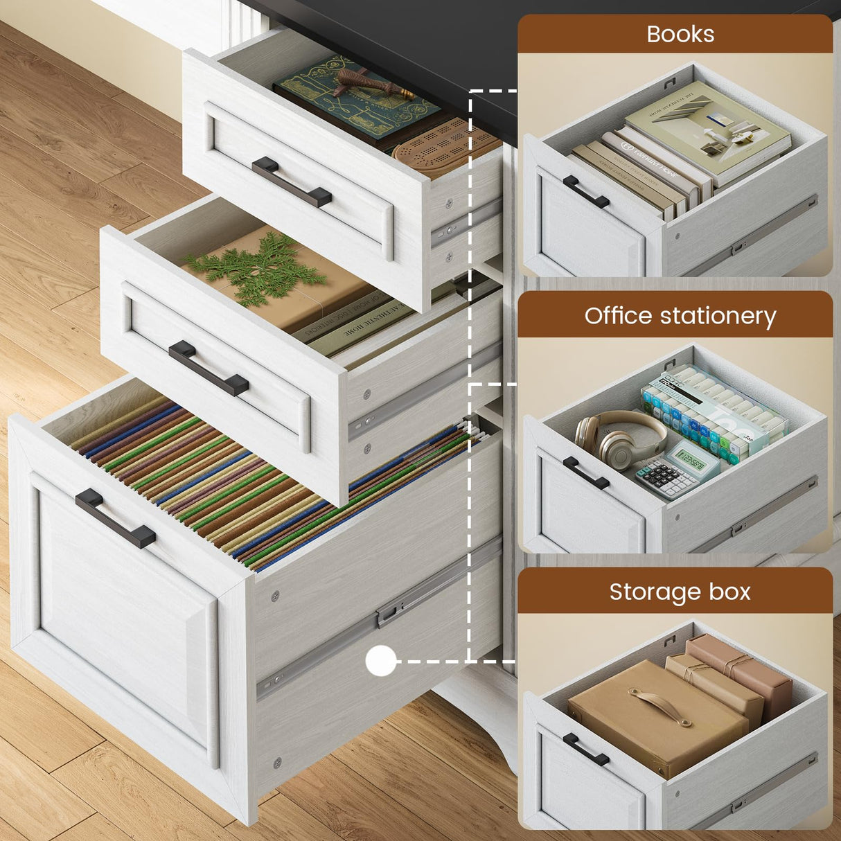 Itaar Farmhouse 55" Executive Desk, Computer Desk with Storage Drawers and Power Outlet, Home Office Desk, Workstation for Office Home, White Itaar