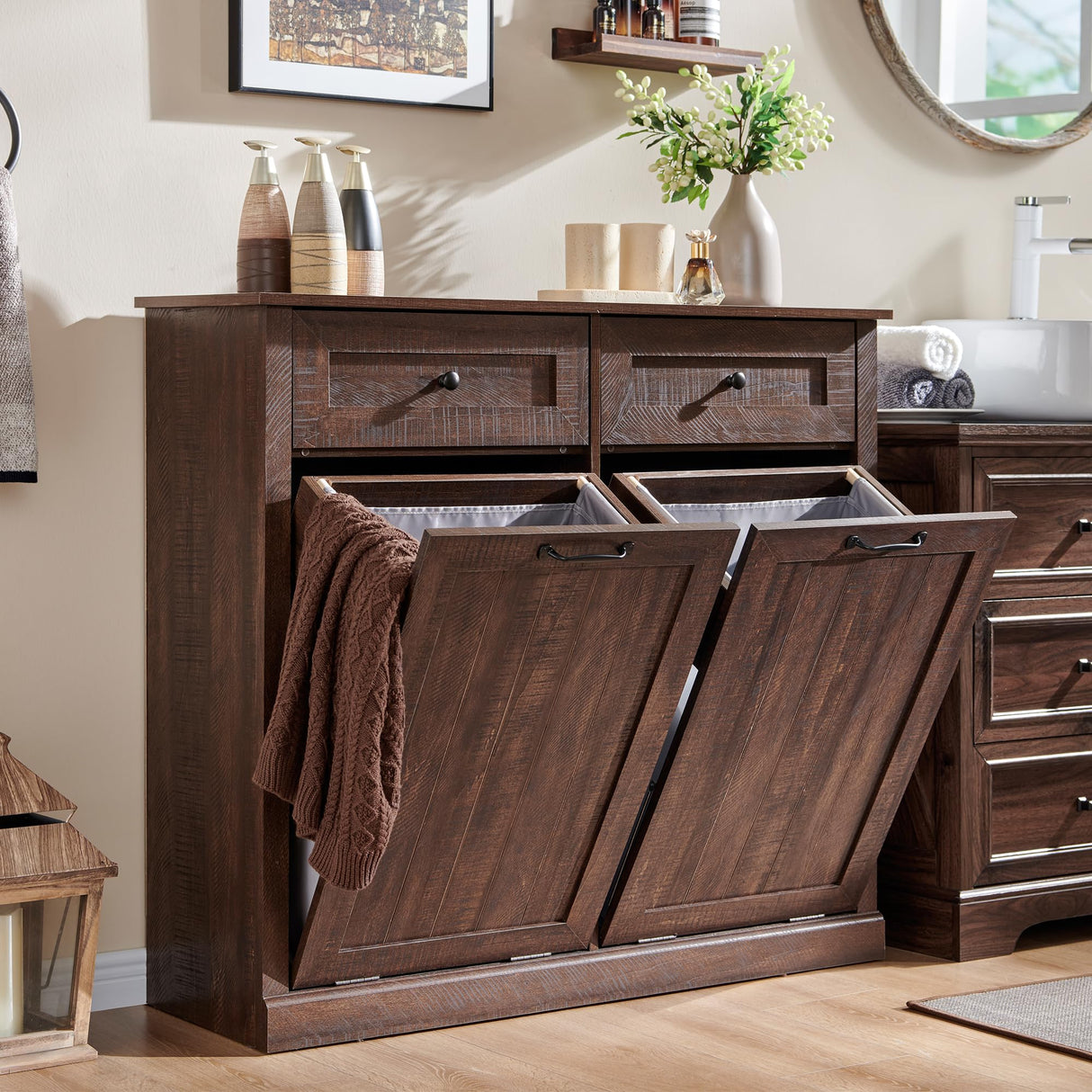 IFGET Double Tilt Out Trash Cabinet, Hidden Wooden Trash Can Cabinet, Farmhouse Laundry Hamper Cabinet, Trash Garbage Can Bin Cabinet with Storage Basket for Living Room, Kitchen, Brown IFGET