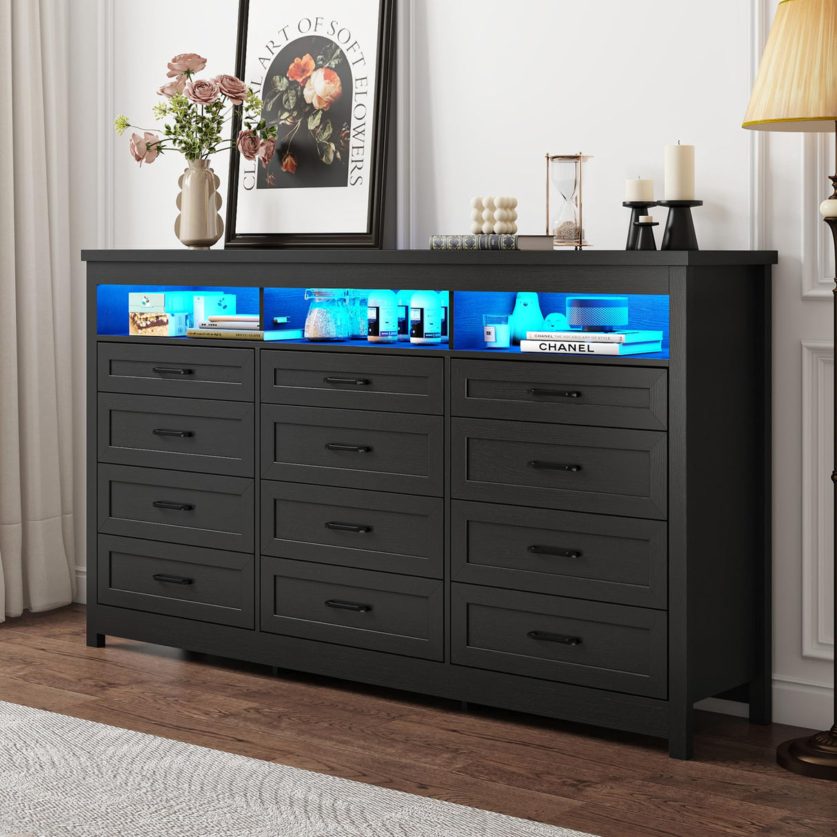 Hlivelood Farmhouse 12 Drawer Dresser with LED Lights, 71" Wide Large Chest of Drawers for Bedroom, Modern Wood Dresser Storage Organizer with Charging Station for Living Room, Bedroom, Hallway, Black Hlivelood