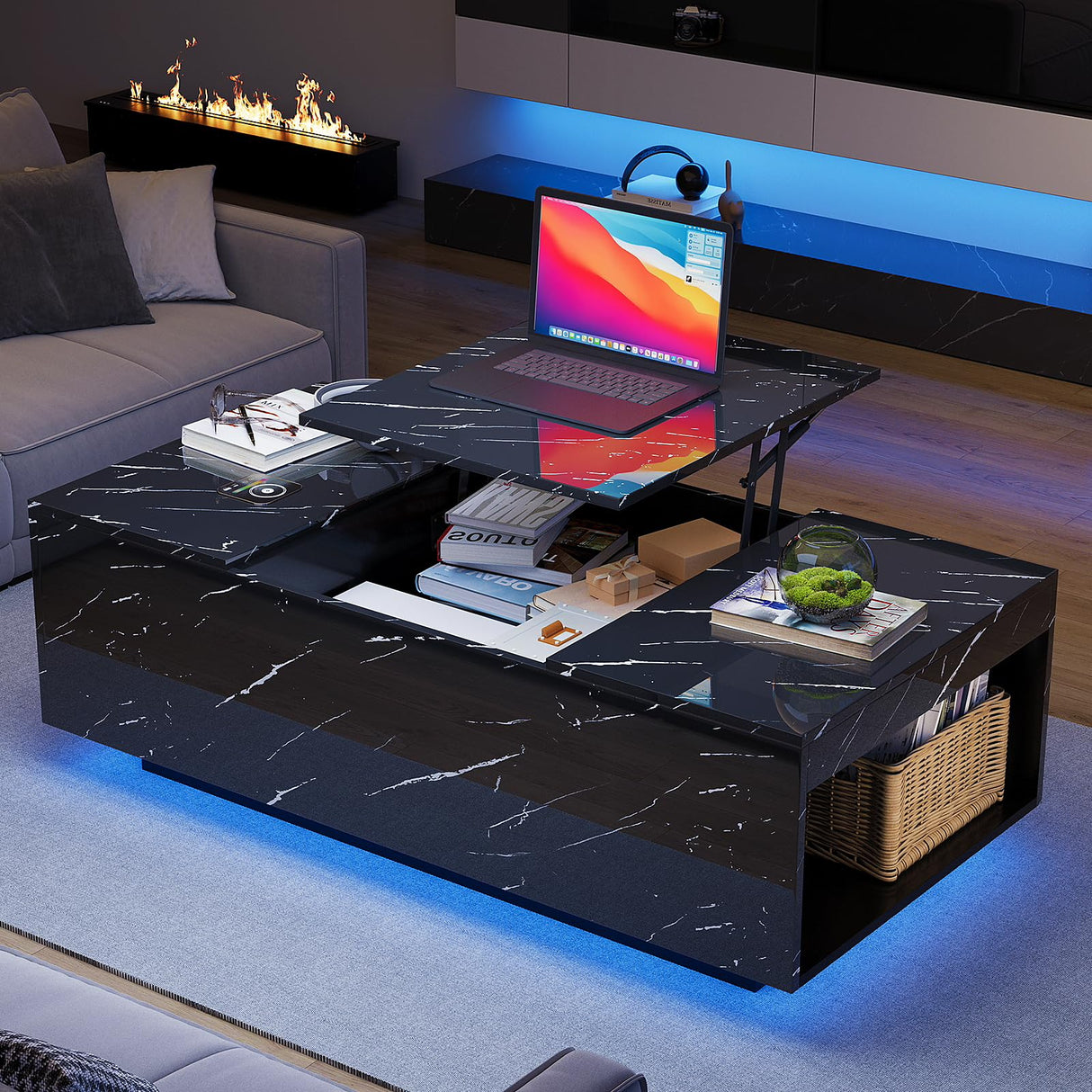 Lift Top Coffee Table, High Glossy Coffee Table with Wireless Charging and Speaker, Modern Coffee Table with 24 Colors LED Lights,Center Table with Drawer and Hidden Compartment for Living Room Black PPorfamilia