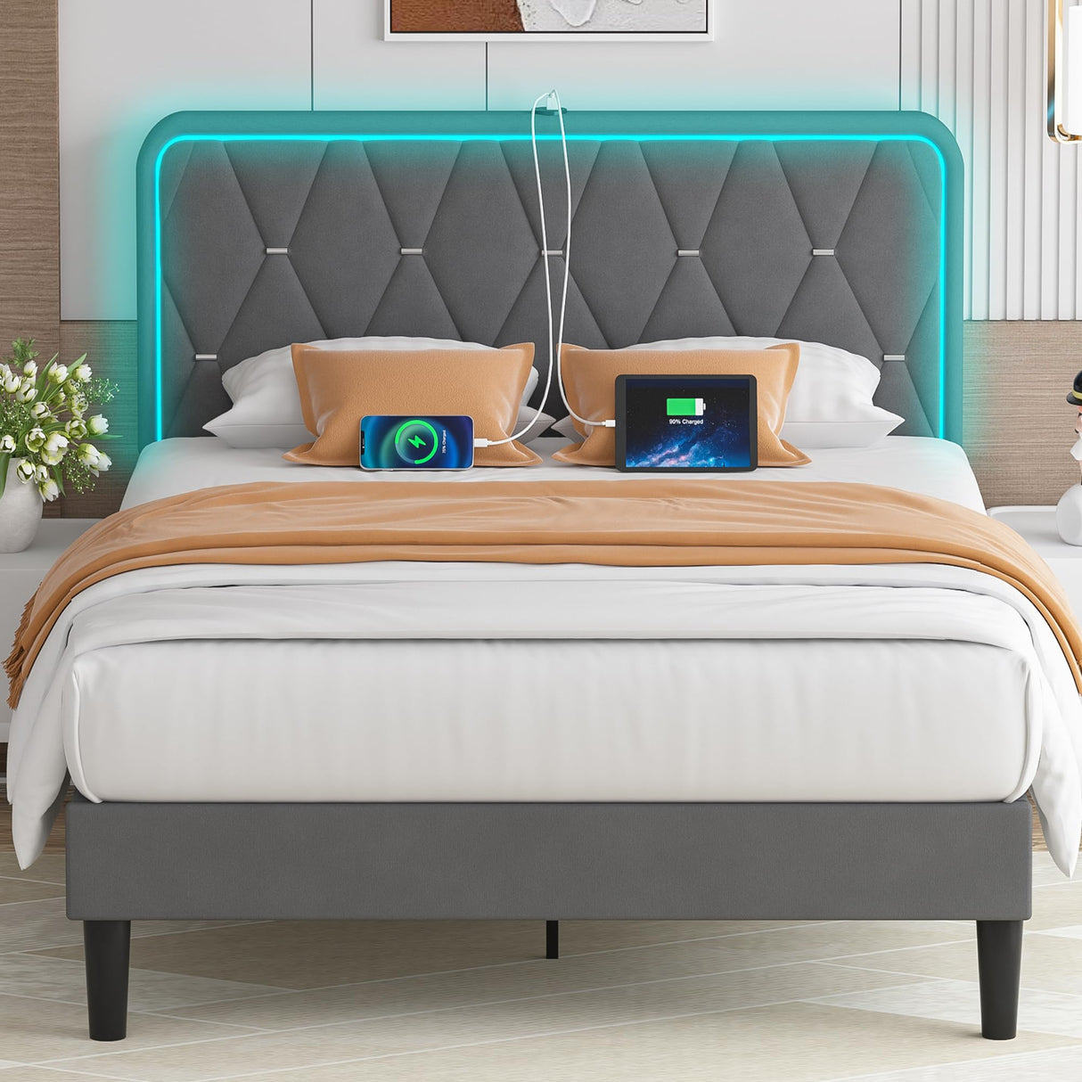 VECELO Upholstered Queen Bed Frame with Headboard Adjustable, Velvet Platform Bed with LED Lights, Charging Station, Mattress Foundation with Wooden Slats, Noise Free, No Box Spring Needed, Grey VECELO