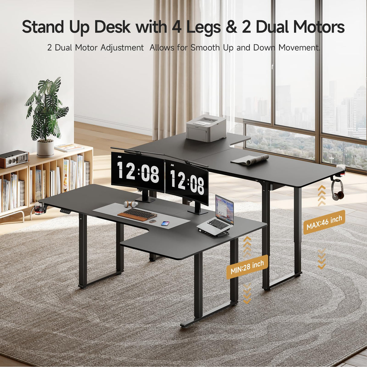 ONBRILL Standing Desk, 63x43 Inches L Shaped Desk with 4 Legs, Dual Motor and Memory Controller, Electric Stand Up Desk Adjustable Height from 28-46 Inches for Computer Workstation Black ONBRILL