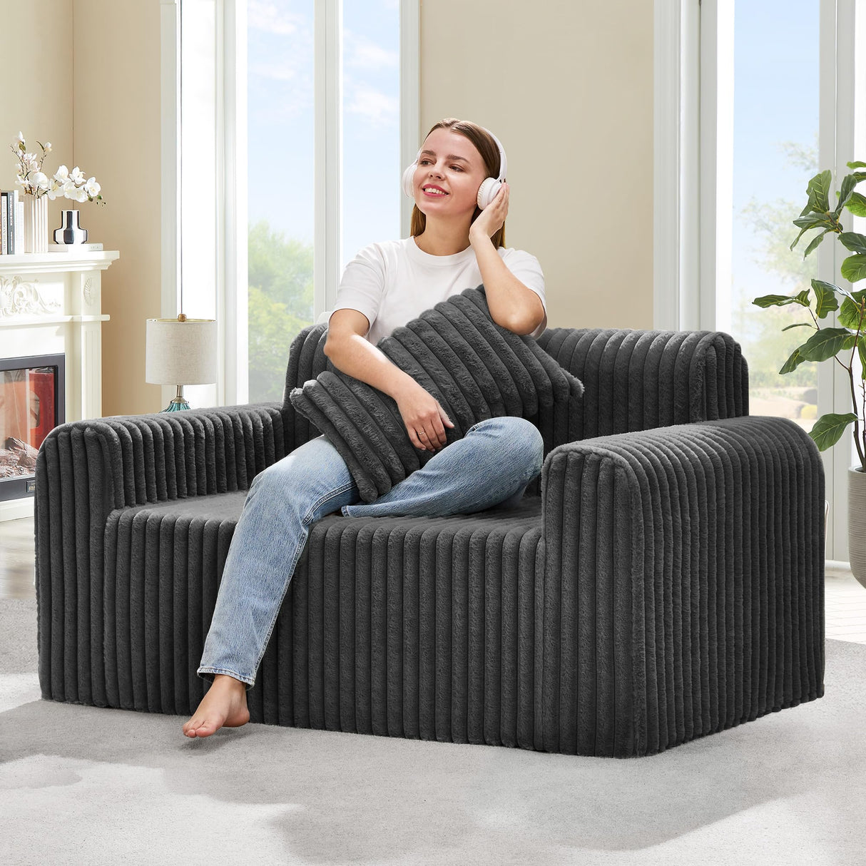 Hobestluk Couch Sofa 2-Seater Foam Sofa Loveseat for Small Spaces Comfy Sofas with Removable Cover Furry Couch with Pillows for Living Room, Bedroom, Apartment, Office (Black, Loveseat) Hobestluk