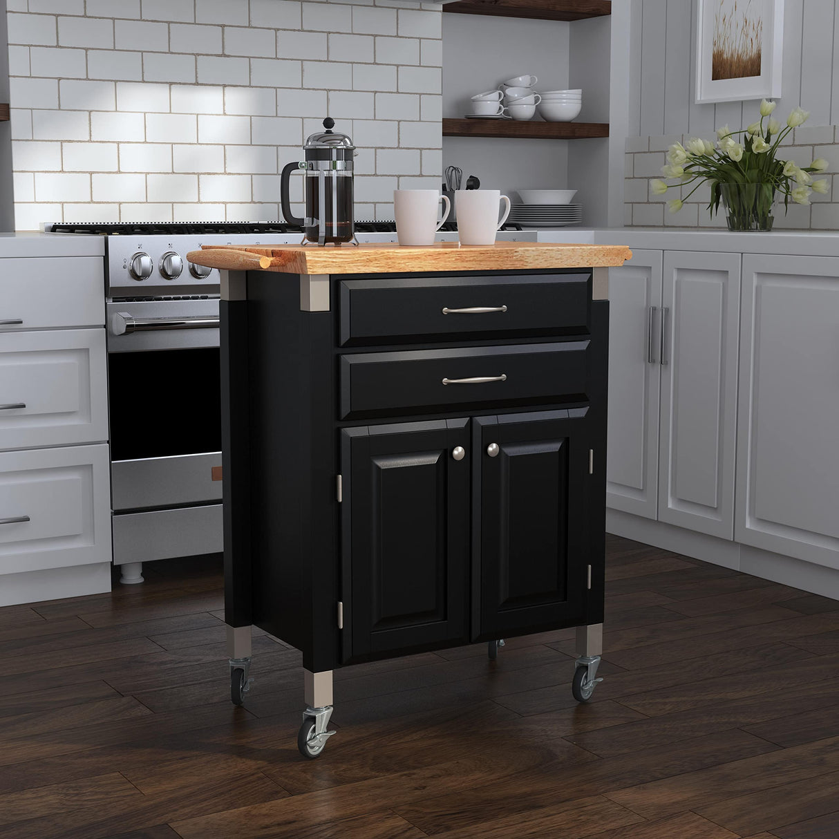Home Styles Black Dolly Madison Prep and Serve Kitchen Cart with Natural Top, Locking Casters, Two Drawers, Two Storage Cabinets homestyles