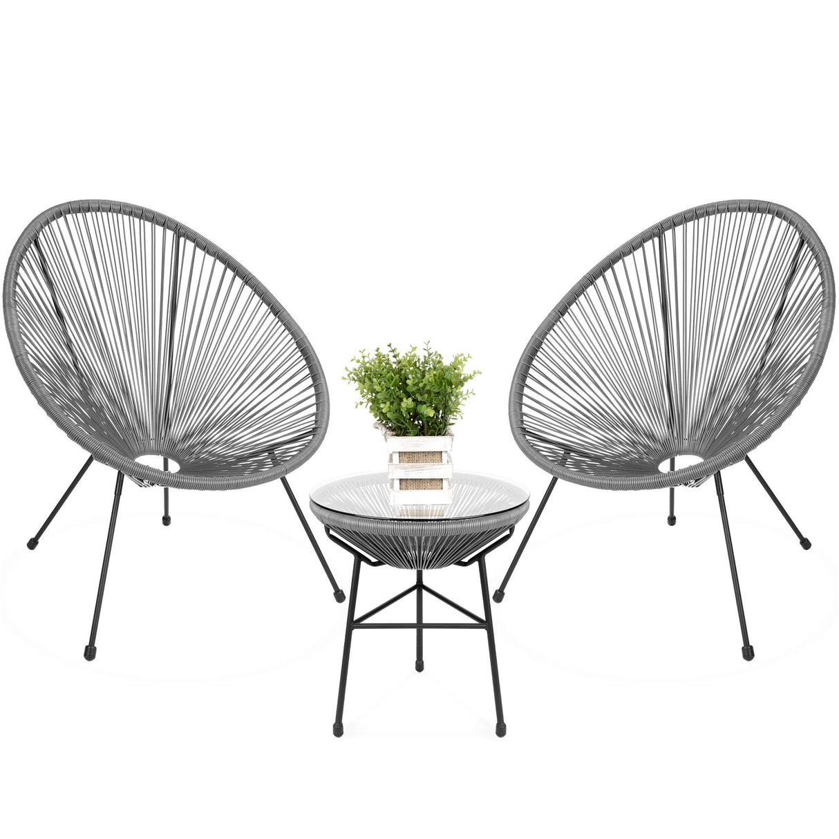 Best Choice Products 3-Piece Outdoor Acapulco All-Weather Patio Conversation Bistro Set w/Plastic Rope, Glass Top Table and 2 Chairs - Gray Best Choice Products
