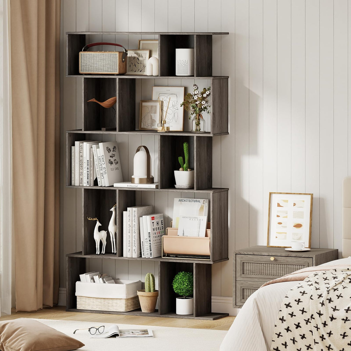 Tangkula 5-Tier Geometric Bookshelf, 62”H Bookcase with Open Shelves & Closed-Back Cubes, S-Shaped Decorative Display Rack Storage Organizer for Living Room Bedroom Home Office (2, Gray Oak) Tangkula