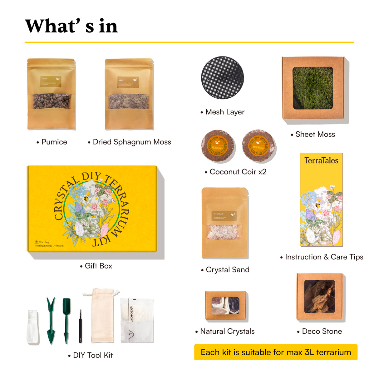 DIY Crystal Terrarium Kit– All-in-One Starter Kit with Moss, Pumice, Crystals, Coconut Coir, Gardening Tools & Decor | Healing Gift for Stress Relief | Plants & Crystal Lovers | Desk & Office Decor Terra Tales