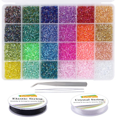 EuTengHao 14400pcs Tube Beads Bugle Glass Seed Beads Small Craft Spacer Beads for DIY Bracelet Necklaces Crafting Jewelry Making Supplies with Two Crystal String (3mm, 600 Per Color, 24 Colors)