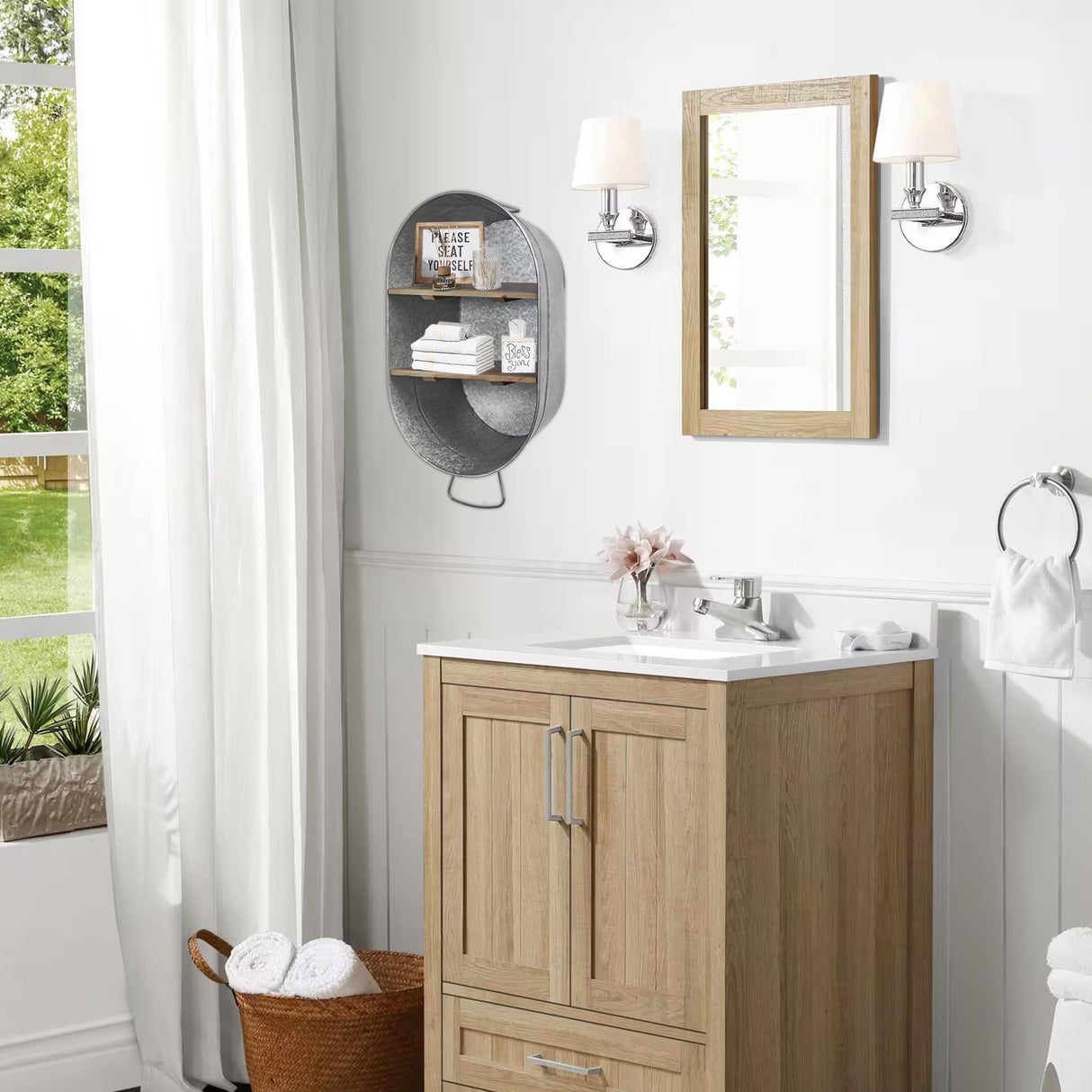 SOFE Galvanized Metal Wash Tub with Shelf, Small Oval Wall Shelf Country Bathroom Decor, 2 Tier Display Shelf Wall Mounted, Farmhouse Laundry, Floating Shelves Bathroom, Living Room SOFE