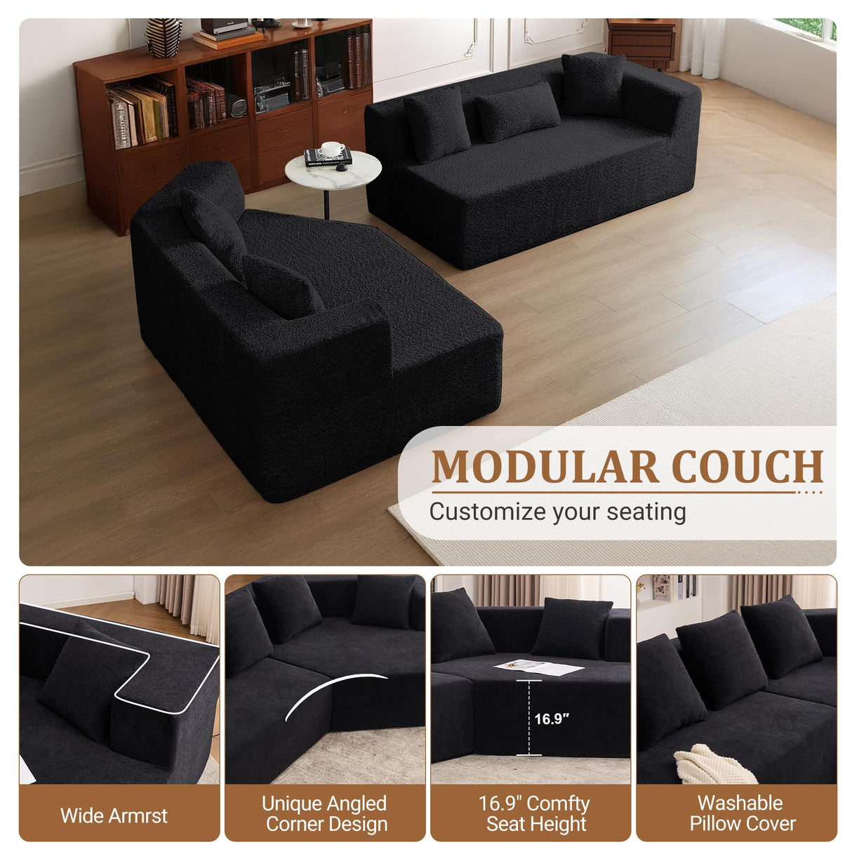 EYATZO 129.5" Modular Sectional Sofa, Modern Cloud Curved Couch with Deep Seat, Upholstered Boneless Couches for Living Room, Apartment, No Assembly Required, Chenille Fabric, Black EYATZO