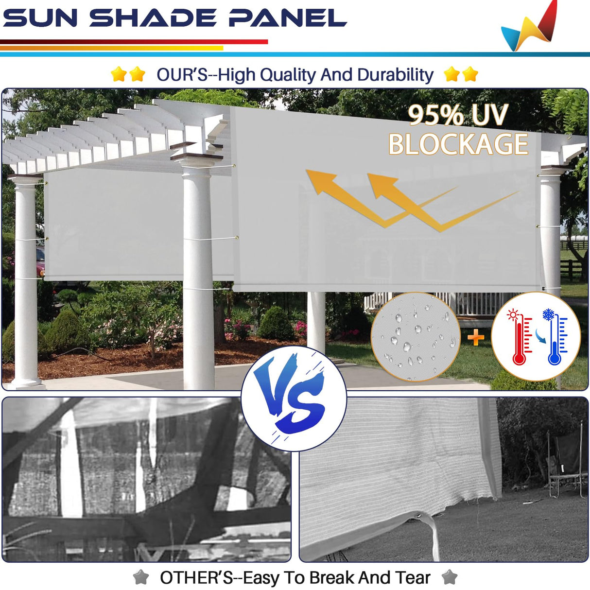 Windscreen4less 16' x 18' Universal Waterproof Replacement Shade Cover Canopy for Pergola Patio Privacy Shade Screen with Grommets on 2 Sides Includes Weighted Rods UV Block Light Grey Windscreen4less