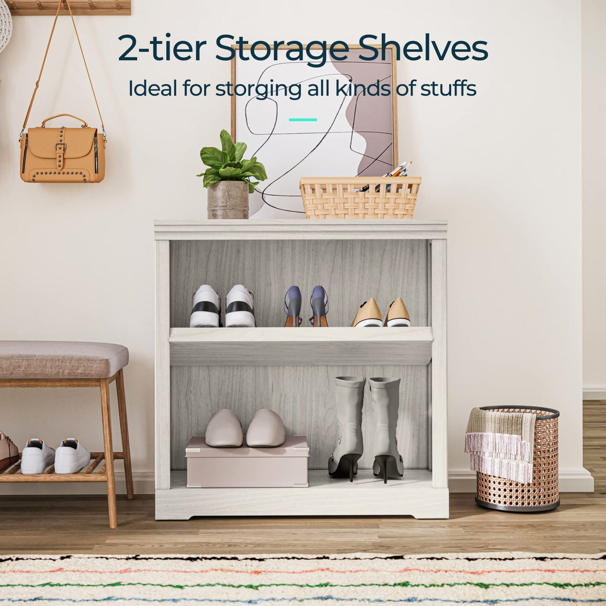 LINSY HOME 2-Tier Bookcase and Bookshelf, Small Wood Display Storage Shelves Farmhouse Bookshelf for Home Office, Living Room, Bed Room - White Oak LINSY HOME