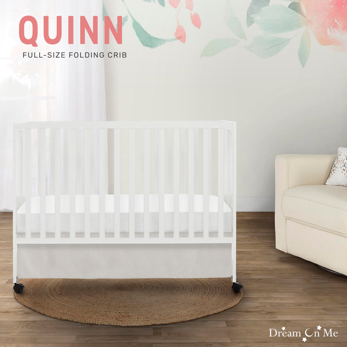 Dream On Me Quinn Full-Size Folding Crib In White, Removeable Wheels, Modern Nursey, Adjustable Mattress Support, Portable Crib, Patented Folding System Dream On Me
