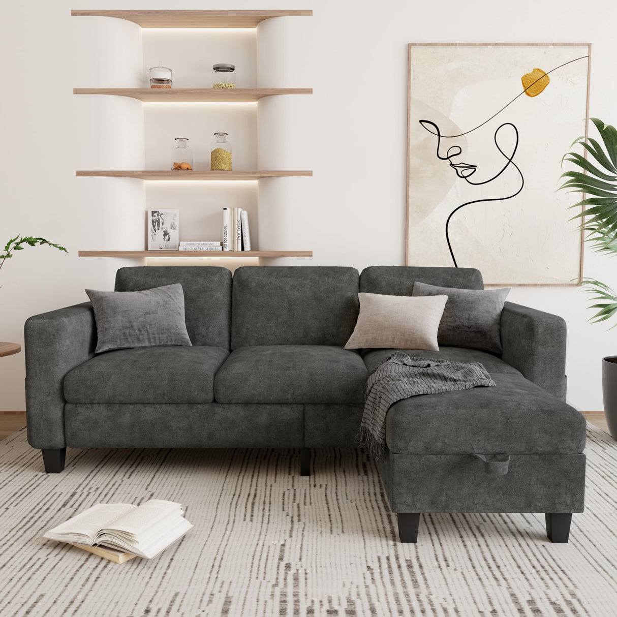 Couch for Living Room - Small Space Couches Sectional L-Shaped Sofa, 3 Seat Modern Couch, Sofas Convertible with Storage Ottoman for Small Space, Bedroom, Offices and Apartments - Grey Grzyhem