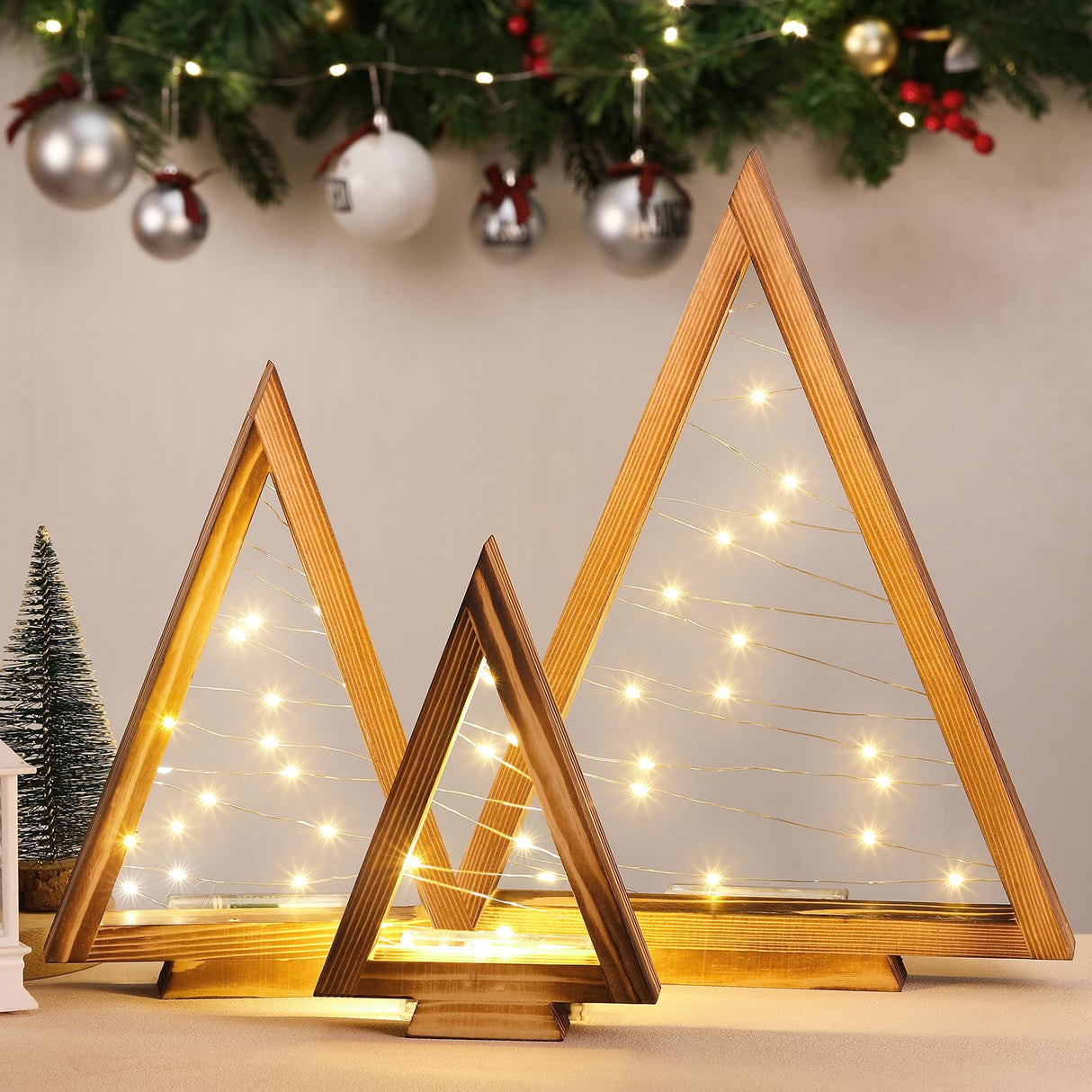 Tujoe 3 Pcs Wood Christmas Tree with Lights Modern Rustic Farmhouse Lighted Tabletop Christmas Tree for Home Table Fireplace Mantle Shelf Christmas Holiday Decor (Large 13.3",Medium 9.5",Small 7.2") Tujoe