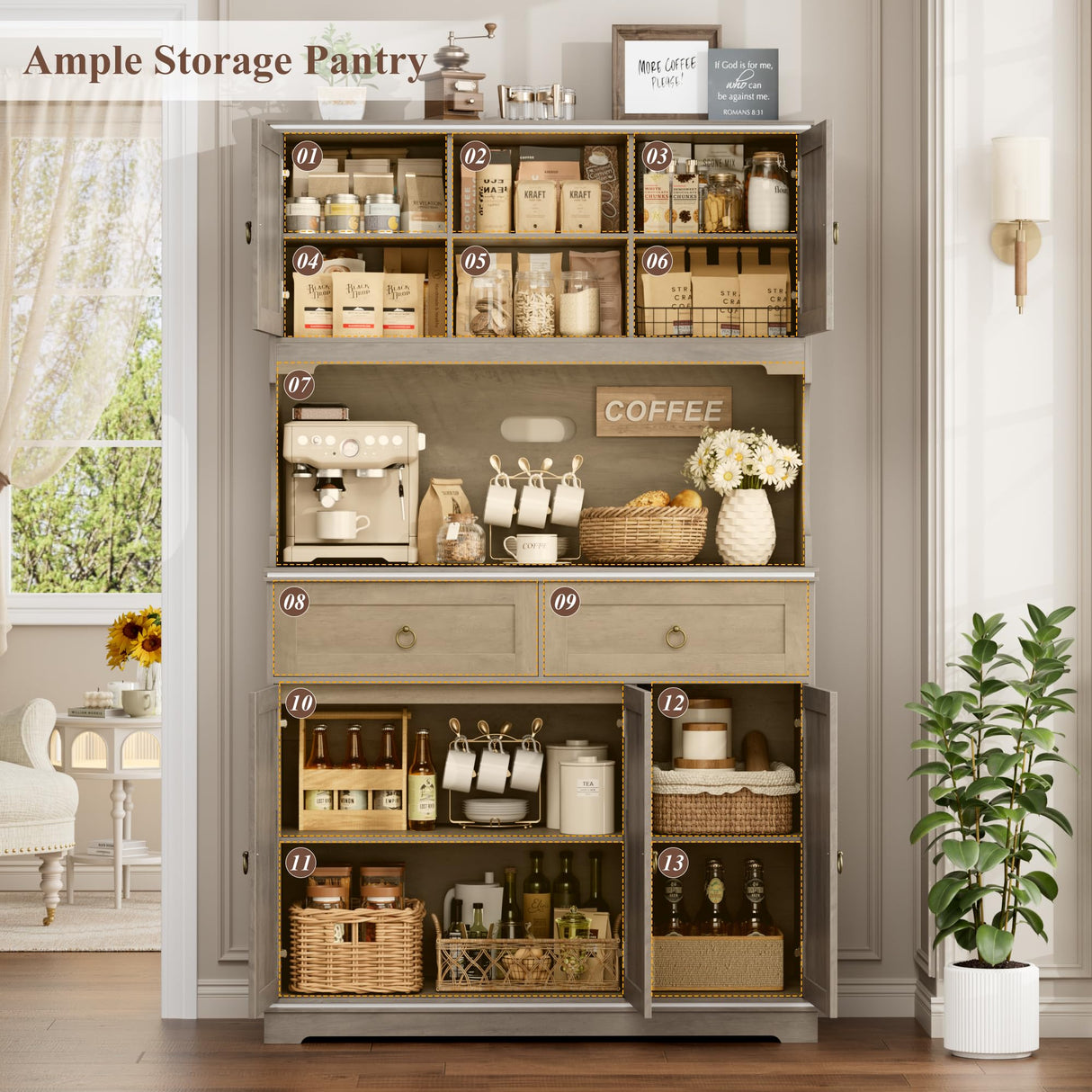 HOSTACK 71" Tall Pantry Cabinet with Power Outlets, Kitchen Pantry Storage Cabinet with Microwave Stand, Farmhouse Kitchen Hutch with Drawers, Food Pantry Large Cupboard for Dining Room, Ash Grey HOSTACK