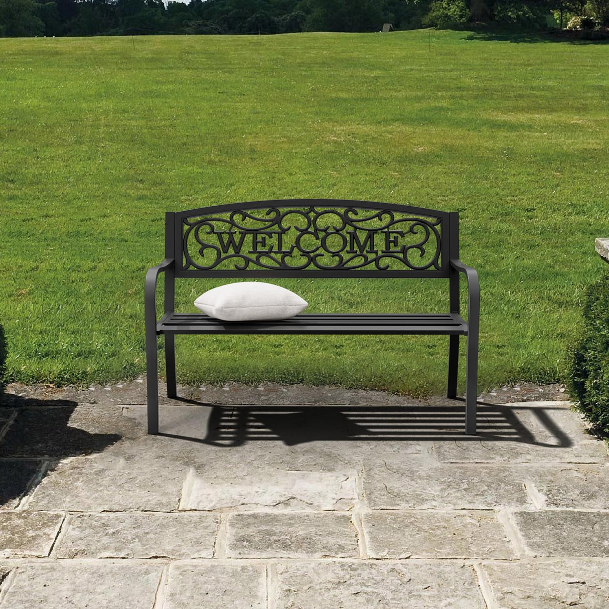 Kieperi 50" Heavy-Duty Garden Bench,600LBS Wrought Iron Welcome Patio Bench with PVC Back and, Outdoor Bench with Armrests for Porch Kieperi