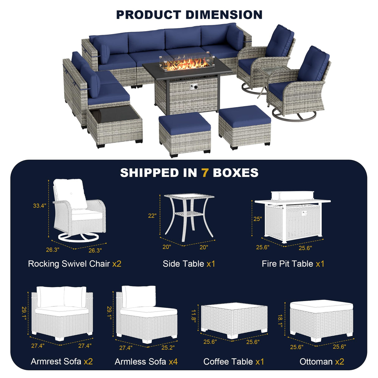 Muphyers 13-Piece Outdoor Patio Furniture Set with Rocking Swivel Chair, Wicker Rattan Sectional Sofa Conversation Set with 55,000 BTU Fire Pit Table with Ottomans, Backyard Furniture, Navy Blue Muphyers
