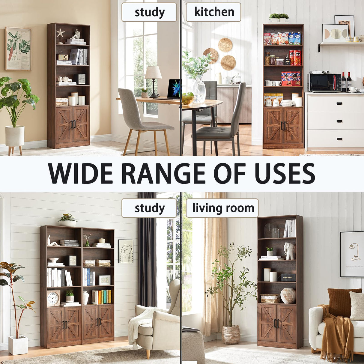 RWYHG 70in Tall Bookshelf 6 Tier Bookcase with Barn Doors and Adjustable Shelf, Brown Farmhouse Book Shelves with Storage Cabinet,Wood Floor Standing Display Bookshelve for Bedroom,Living Room,Kitchen RWYHG