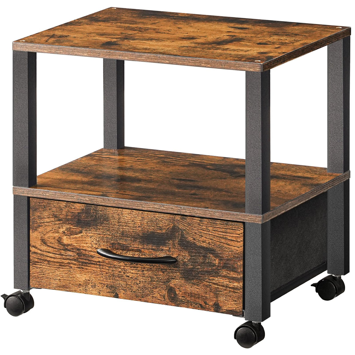 HOOBRO Printer Stand, Printer Stand with Storage, Under Desk Printer Table, Printer Cart with Drawer and Shelves, Rolling Small Printer Stand on Wheels, for Office, Rustic Brown and Black BF39PS01 HOOBRO