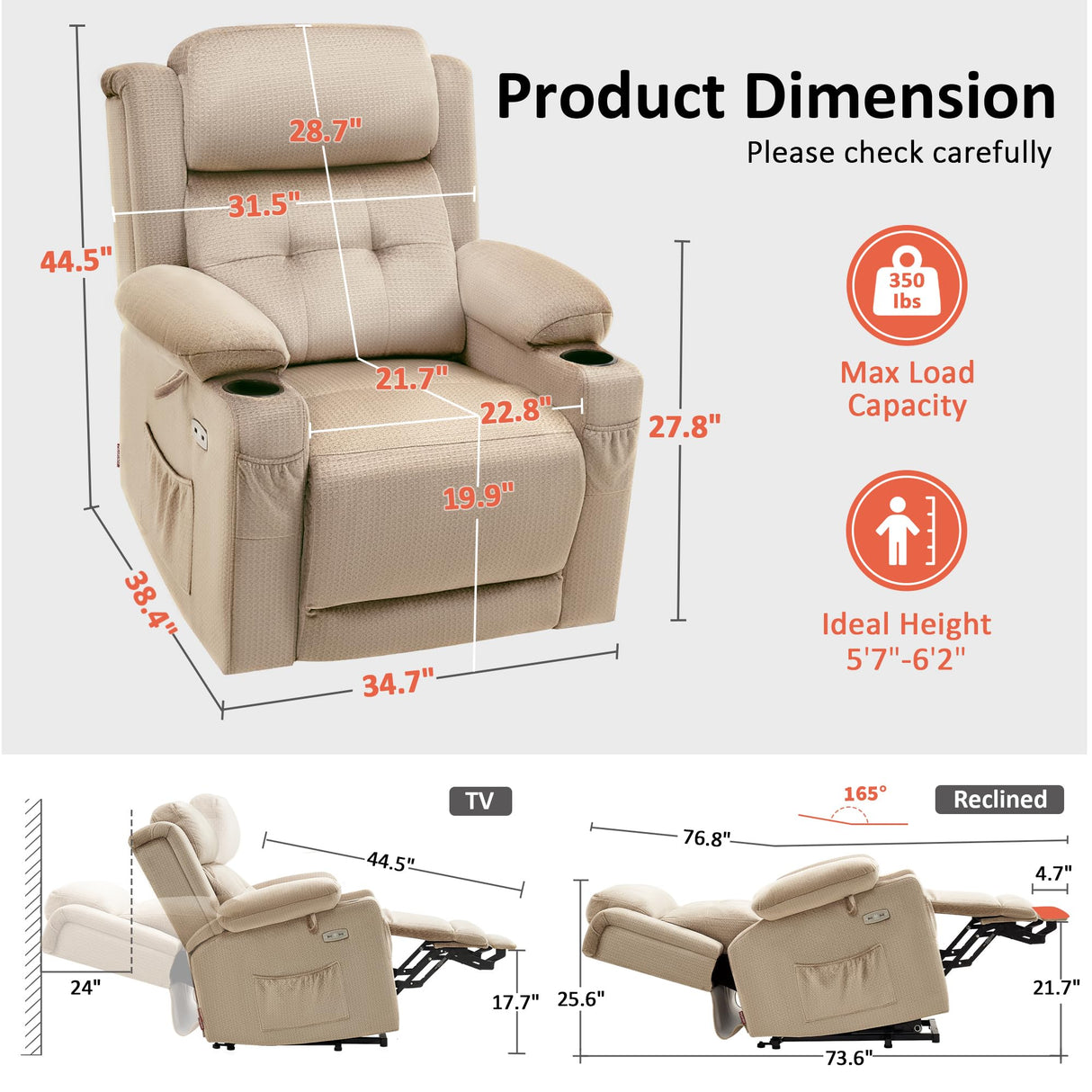 MCombo Large Triple Motor Power Lift Recliner Chair with Massage and Heat for Elderly People, Adjustable Headrest, Infinite Position, USB Ports, Fabric 7662 (Beige, Large) MCombo