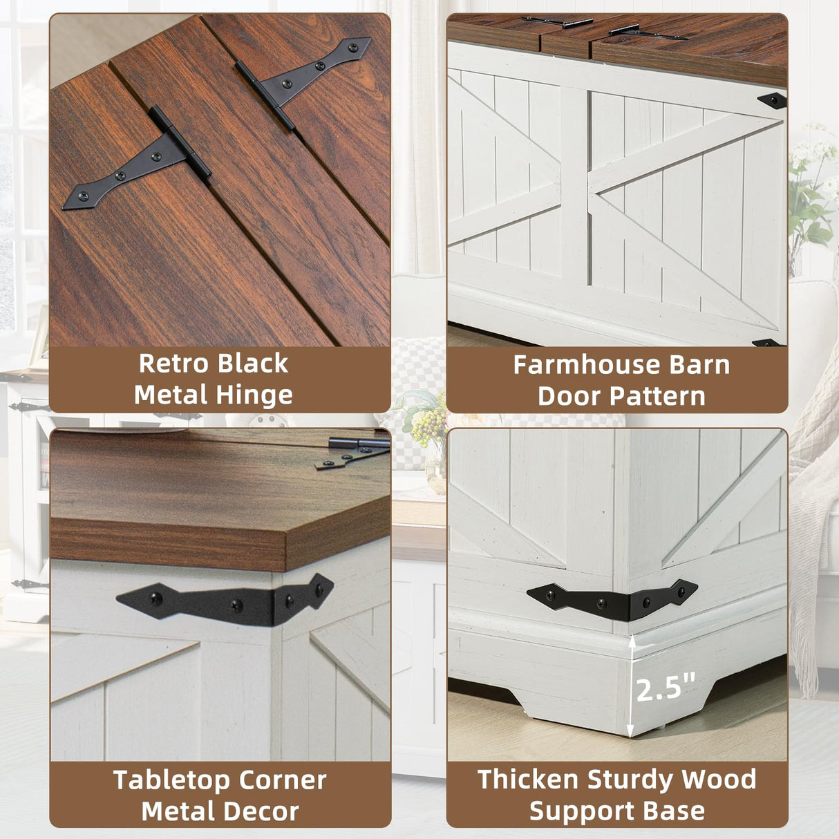 Joaxswe Farmhouse Coffee Table with Large Hidden Storage Compartment, Antique White Square Center Table, Wood Rustic Low Modern Living Room Tables with Hinged Lift Brown Top & Wooden Arc Base Joaxswe