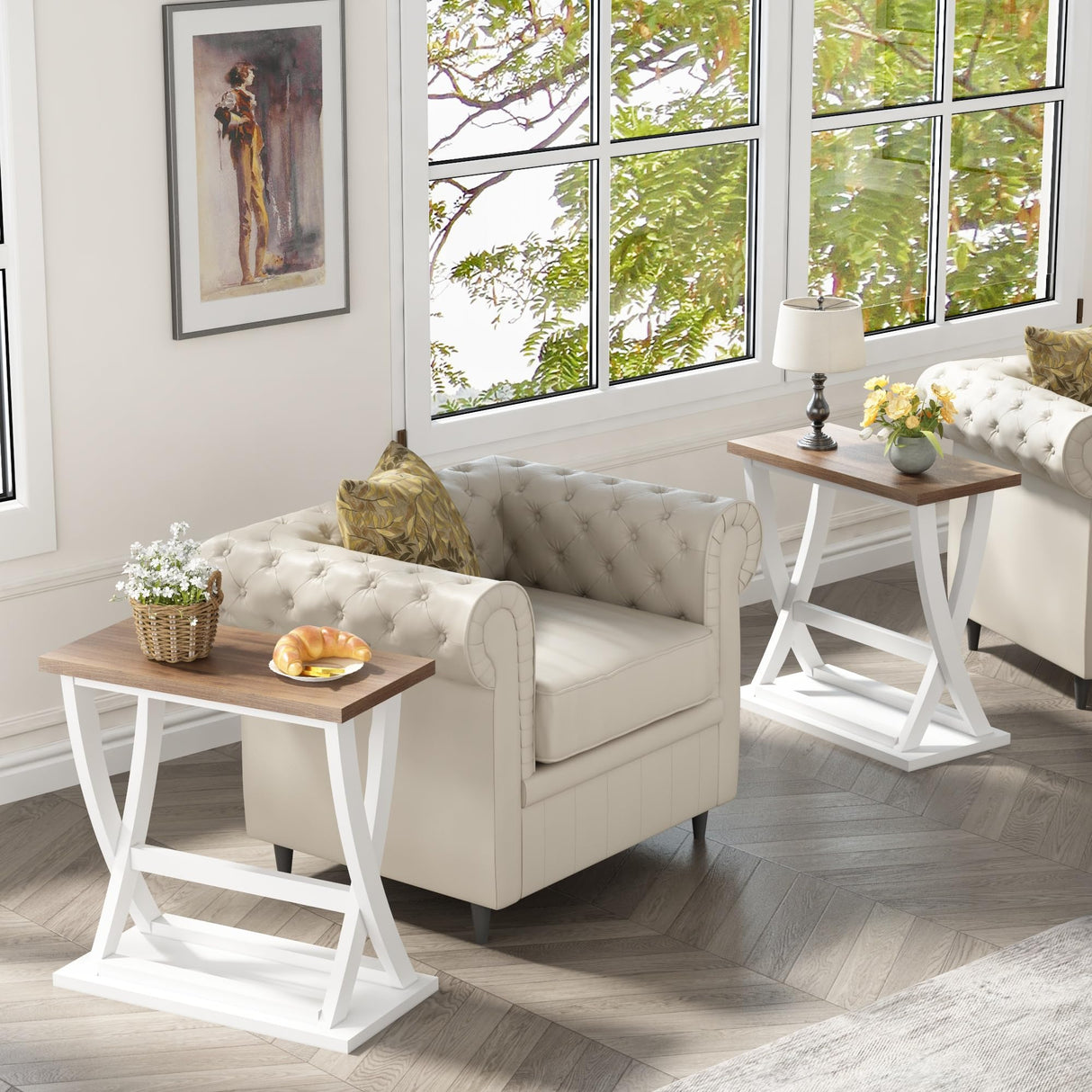 ChooChoo Farmhouse End Tables Living Room Set of 2, Narrow Side Table with Storage Shelf, Modern X-Design Slim End Table for Living Room, 11.8" D*23.6" W*23.4" D ChooChoo