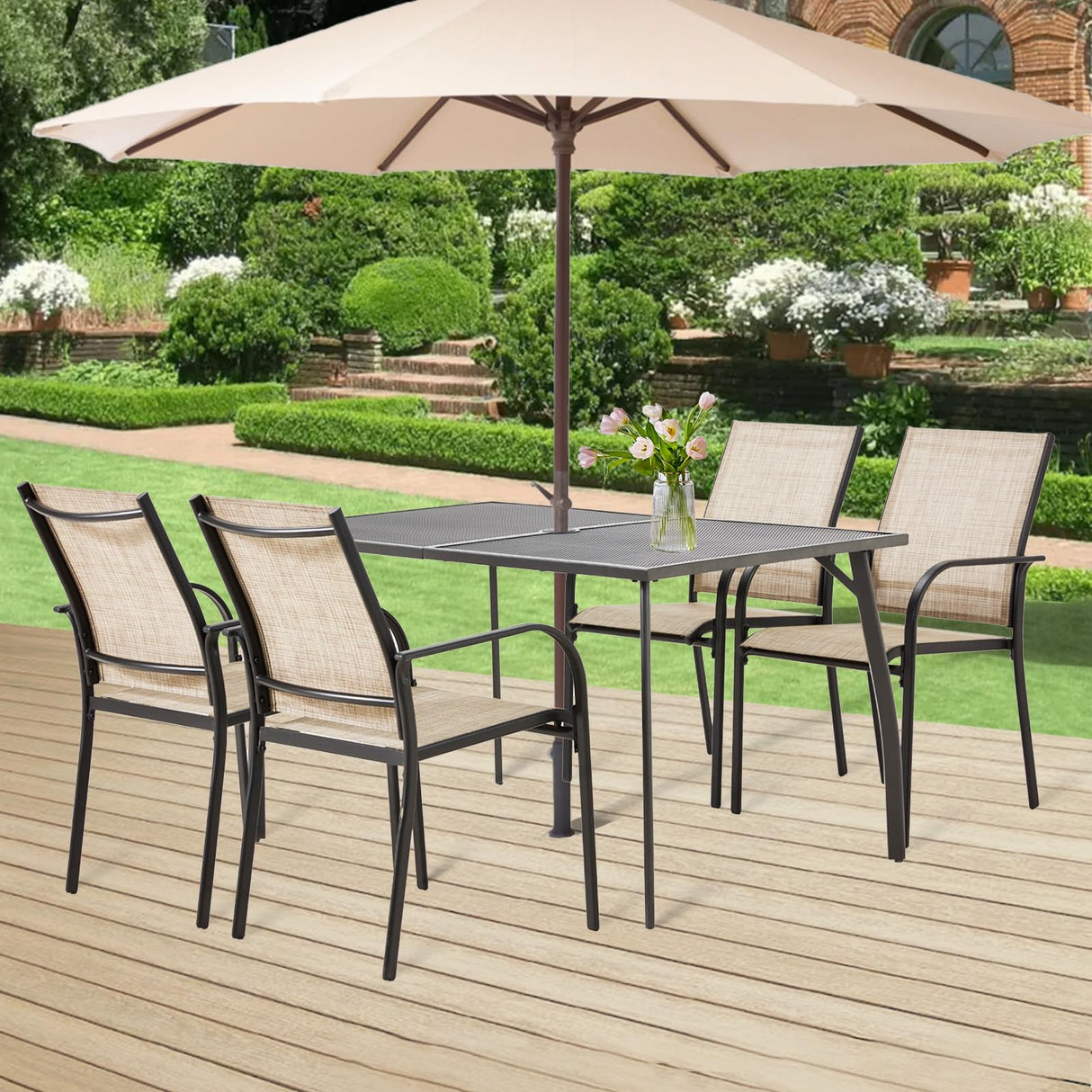 AECOJOY 5 Piece Patio Table and Chair Set for 4, Outdoor Dining Set Includes 51.2" Rectangle Table with 1.73" Umbrella Hole, 4 Stackable Textilene Chairs, for Garden, Backyard and Poolside, Dark Gray AECOJOY