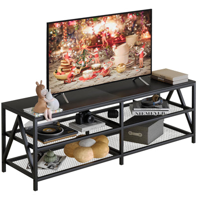 Katrawu TV Stand for TV up to 65 Inch, Long 55" TV Cabinet with 3-Tier Storage Shelves,Entertainment Center TV Console Table for Living Room with Industrial TV Metal Frame, Black Oak